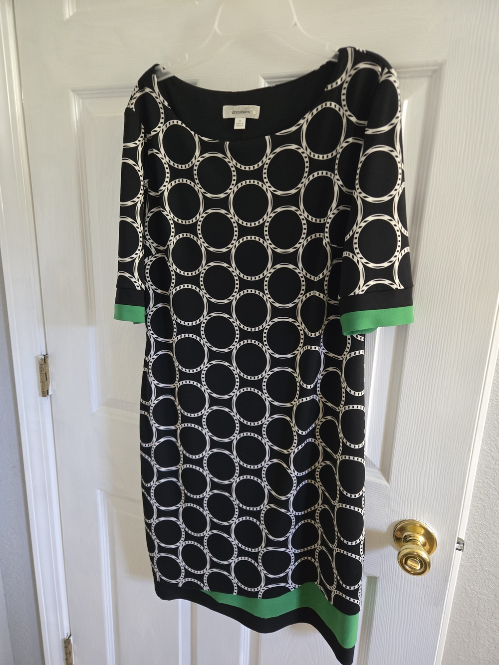dressbarn Black and White Circle-Print Midi Dress with Green Trim